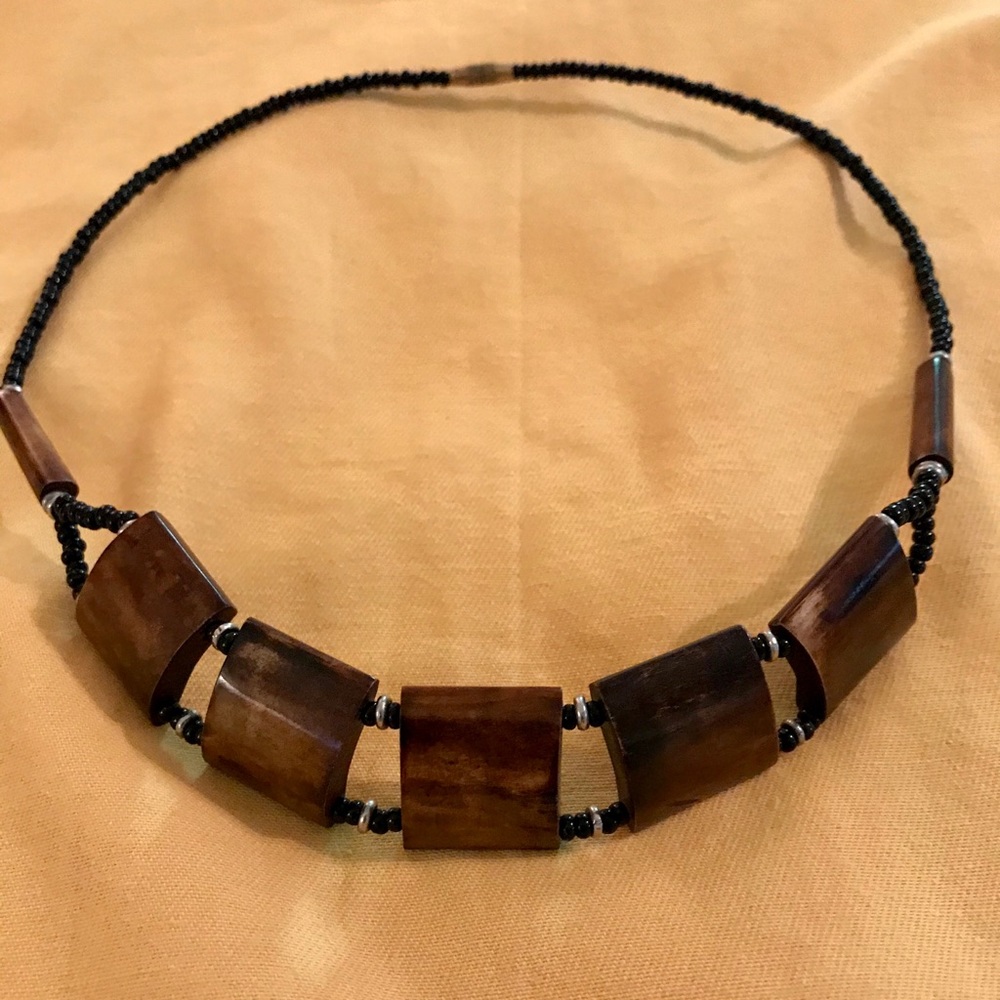 Wood and black bead necklace